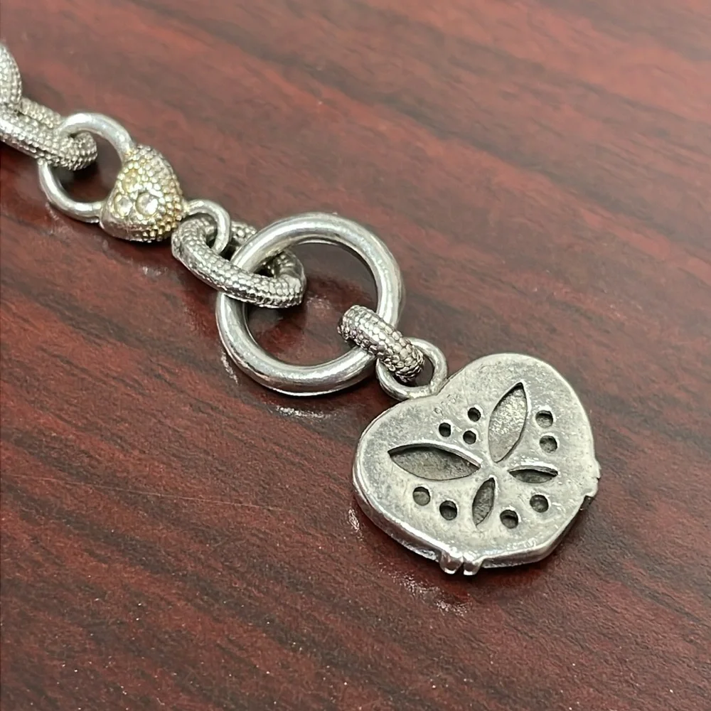 Vintage 925 Textured Silver Heart and Cubic Zirconia Toggle Bracelet